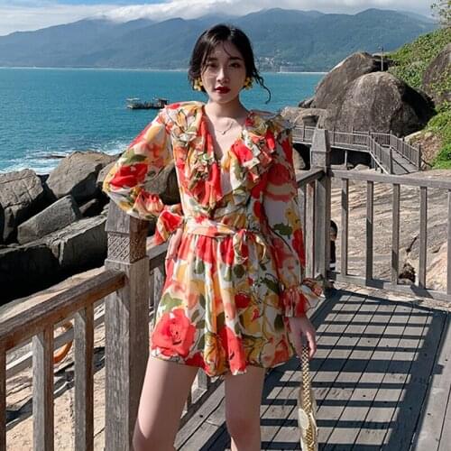 New arrival fashion korean spring mini dress women casual temperament sweet print chiffon v-neck ruffle belt holiday beach dress