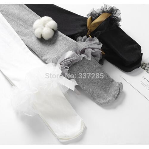 Autumn baby girls cotton princess tights big bow lace floral children pantyhose cute striped spring tights for child kids girls