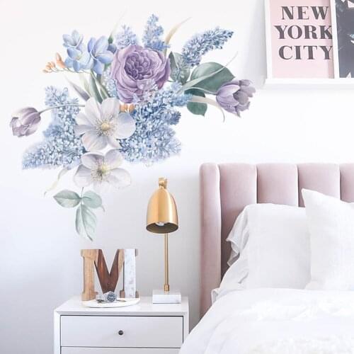 Romantic Purple Flowers Wall Stickers Home Decoration Art Living Room Bedroom Decor WaterColor Wallpaper Self-adhesive Stickers