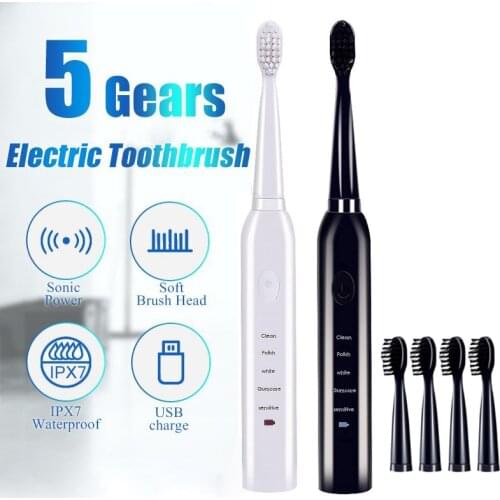 Ultrasonic Sonic Electric Toothbrush USB Charge Rechargeable Tooth Brushes With 4 Pcs Replacement Heads Timer Teeth Brush