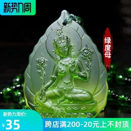 Tibetan Colored Glaze Amulets Ethnic Small Jewelry Green Tara Buddha Pendant Necklace