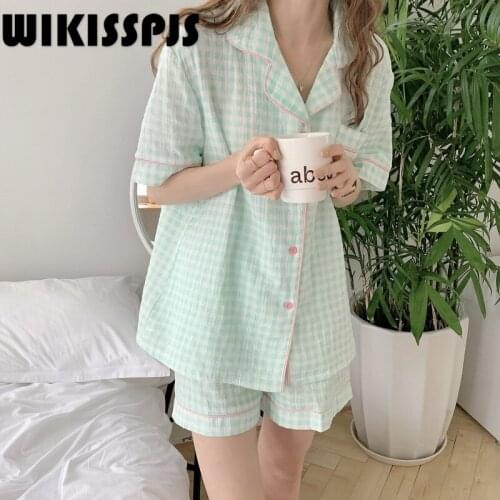 WIKISSPJS 2021 Summer New Korean Style Plaid Cotton Short Sleeve Shorts Casual Home Wear Lounge Wear Women Pajama Set