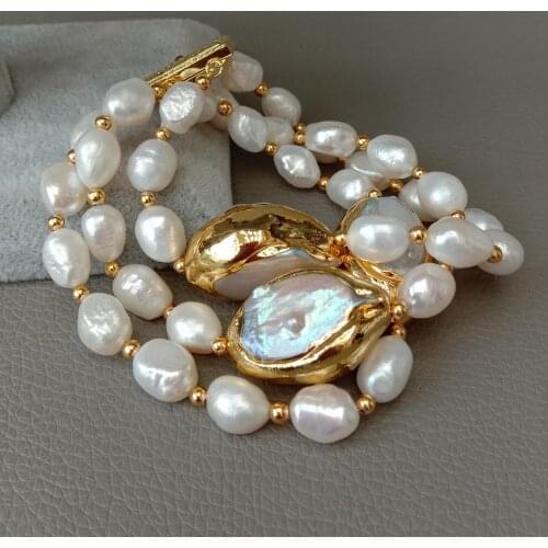 YYGEM 8'' 3 Strands Cultured White Baroque freshwater Pearl White Keshi Pearl Strand Bracelet for handmade classic wedding