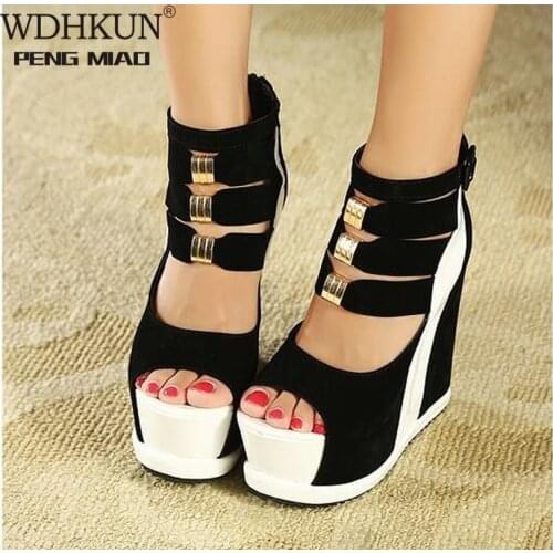 Woman Shoes 2020 Summer Genuine Women Platform Thick Soles Sandals Wedges High Heel 14cm Peep Toe Mixed Colors Sexy Shoes