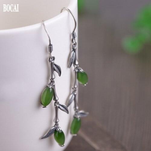 BOCAI new real S925 silver jewelry fashion ethnic style wealthy bamboo female earrings vintage Thai silver earrings for woman