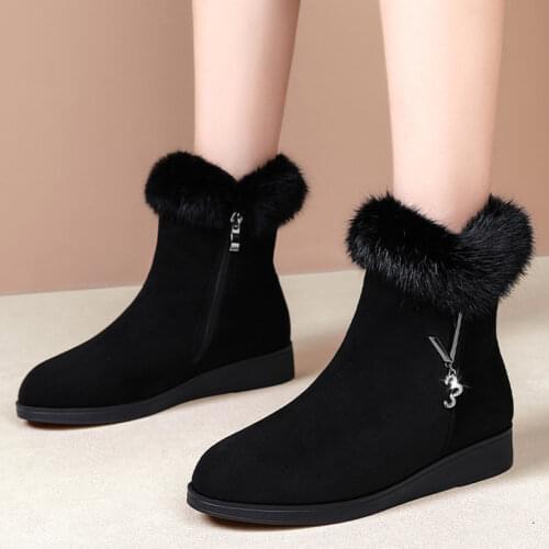Rimocy Faux Fur Thick Plush Warm Ankle Boots for Women 2021 New Crystal Chain Wedges Snow Boots Woman Comfortable Low Heel Botas