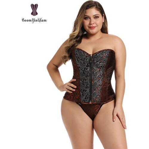 Front Zipper Floral Corset Bustier Steam Punk Gothic Korsett Women Sexy Shape Top With Thong
