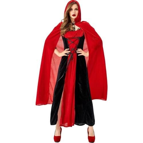 Renaissance Medieval Gothic Red Riding Hood Costume Dress with Hooded Cape Halloween Ball Party Cosplay Costumes