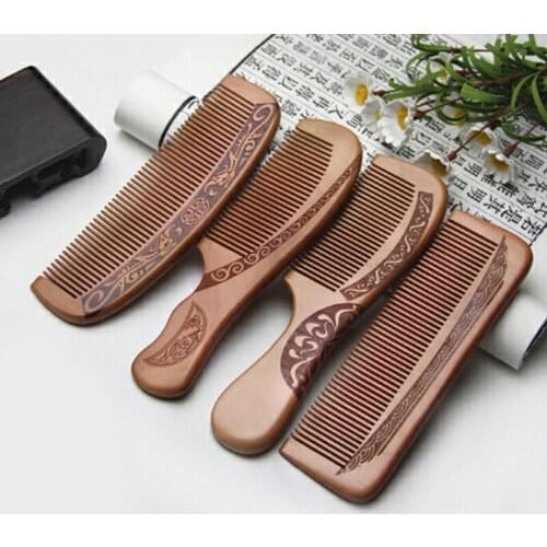 1pcs Natural Peach Solid Wood Comb Engraved Peach Wood Healthy Massage Anti-Static Comb Hair Care Tool Beauty Accessories