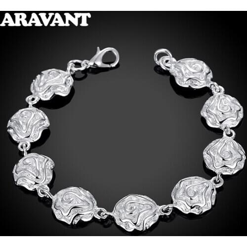 925 Silver Rose Flower Charm Bracelet For Women Wedding Silver Jewelry