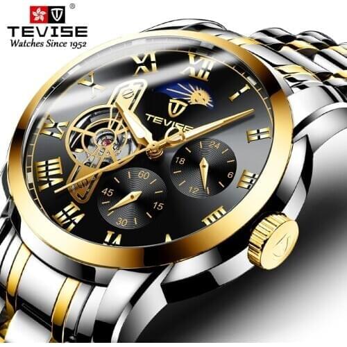 TEVISE Black Gold Watch Automatic Self-Wind Movement Waterproof Moon Phase Tourbillon Business Watches Relogios Masculino