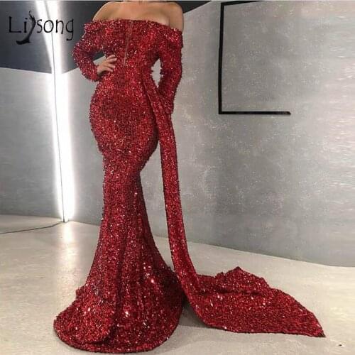 Sparkle Rose Red Sequined Mermaid Prom Dresses Full Sleeves Off The Shoulder Long Prom Gowns Sexy Formal Dress