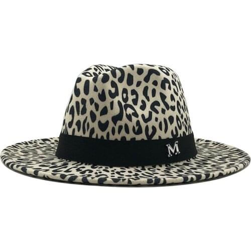 Unisex Flat Brim Wool Felt M LOGO Jazz Fedora Hats Men Women Leopard Grain Leather Band Decor Trilby Panama Formal Hats 60CM