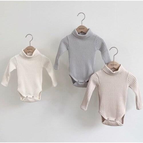 2021 New Baby Solid Bodysuit Half High Collar Baby Girl Cotton Knit Jumpsuit Autumn Thicken Warm Baby Ribbed Clothes 0-24M