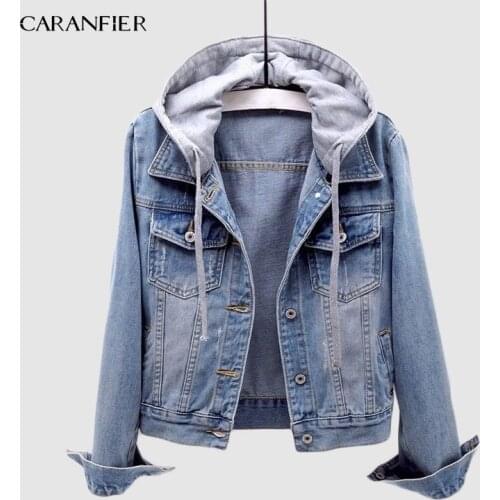 CARANFIER 2019 European Plus Europ Size Short Denim Jacket Autumn Fashion Bomber Denim Hooded Jacket Detachable Hat Denim Coat