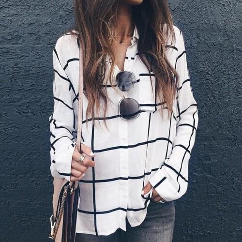 Fashion Womens Casual Shirt Long Sleeve Plaid Printed Button Turndown Collar Loose Elegant Office Tops Blouse Blusas Mujer#35