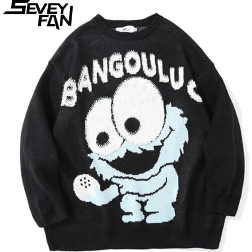 SEVEYFAN Mens Funny Cartoon Spoof Jacquard Sweater Fashion Loose Cotton Pullover Knitwear for Couples