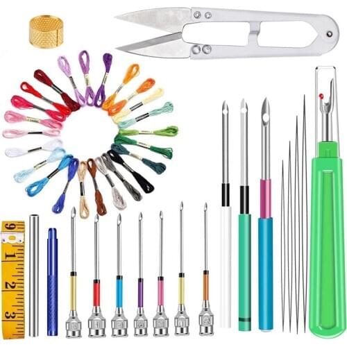 LMDZ Punch Needle Tool Kit 24 Rainbow Color Embroidery Thread 10 Pcs Embroidery Punch Needles Soft Tape Measure Yarn Scissors