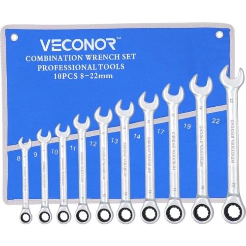 10Pcs Ratchet Wrench Set Combination Spanner Head Wrench 72-Tooth Ratcheting Matte Finish Hand Tool with Roll-up Storage Pouch