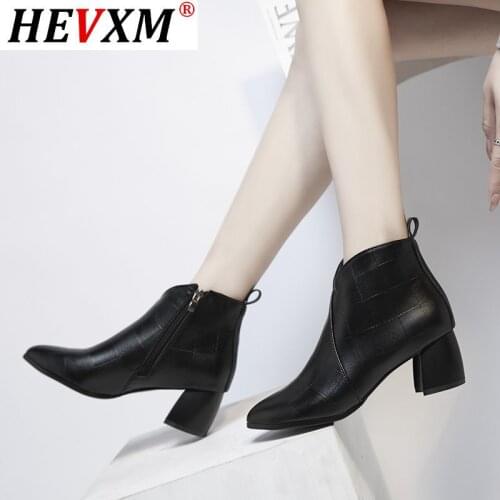 2020 New Winter Womens Boots Fashion Zipper Square-Heel PU Boots Pointed Toe Mid-heel Warm Womens Ankle Boots Zapatos De Mujer