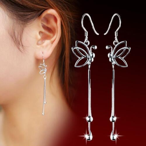 Silver Plated Jewelry Hollow Butterfly Earrings Long Earrings Fashion Wild Personality Elegant Wedding Ear Jewelry for women