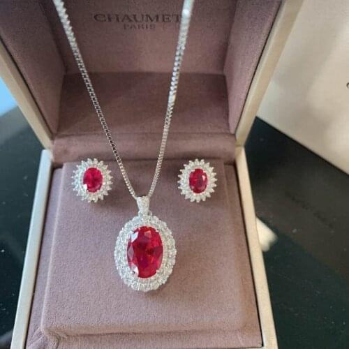 S925 all body silver jewelry set classic Ruby imitation Dan ring earrings pendant three piece Wedding Engagement Party Jewelry