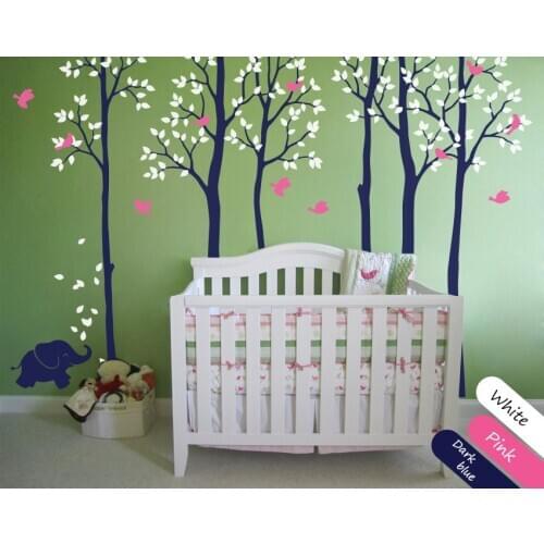 Morden Style Kids Nursery Bedroom Lovely Decorative Tree Wall Sticker Baby Decal Tree With Cute Elephant Birds Vinyl Mural T-2