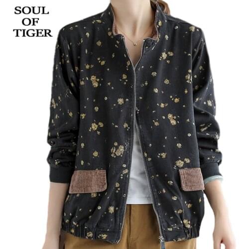 SOUL OF TIGER Autumn 2021 Black Denim Jackets Zippers Women Flowers Printed Coats New Loose Vintage Corduroy Patchwork Clothing