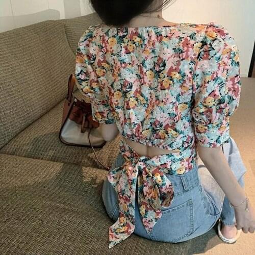 Women Korean Vintage Woman Shirts 2021 Summer Puff Slevee Print Floral Blouse Casual Square Collar Short Ladies Tops 13605