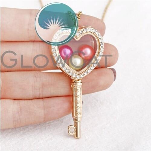 Gold Color Heart Key Glass Locket Pearl Necklace Rhinestone Pendant Beads Pearl Locket Steel Chain Necklace