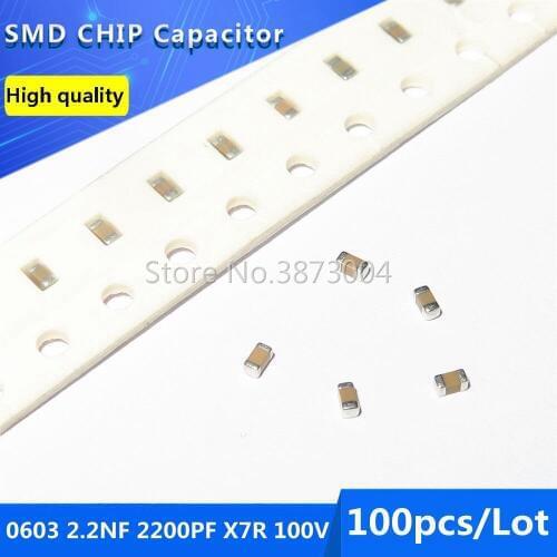 100pcs 0603 2.2NF 2200PF X7R 100V 10% SMD Chip Capacitor