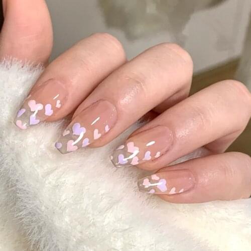 24pcs Fake Nails With Glue Heart Printed Wear Long Paragraph Fashion Manicure Patch False Nails Press On Wearable Nail For Girls
