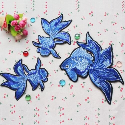 Sequin blue carp fish Embroidery Fabric Large Applique Patch African Lace Sew Dress Cloth Decorate Accessory Diy