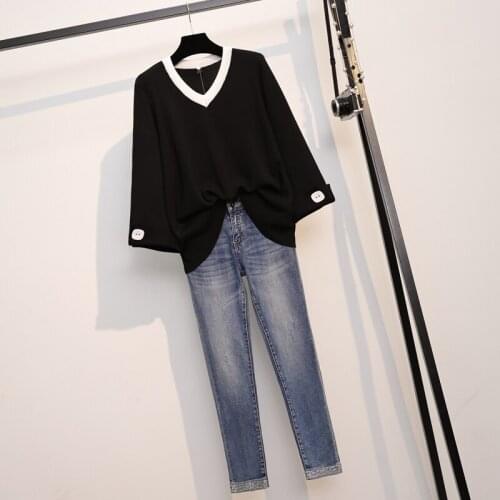 Large womens 2021 spring new fat sister mm fashion slim knitting sweater stretch jeans two piece set