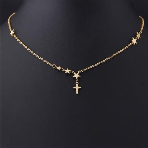 New Fashion Stainless Steel Chain Gold Silver Color Cross Stars Tassel Rustless Pendant Womens Necklaces Choker Banquet Jewelry