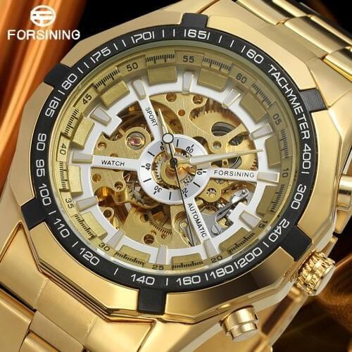 Forsining Brand Mens Fashion Watch Full Steel Gold Bracelet Watches Skeleton Mechanical Wristwatches with Gift Box