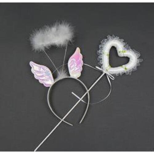 Girl fairy wings headband wands set feather hair band lace ribbon magic wand child princess party performance props event gift