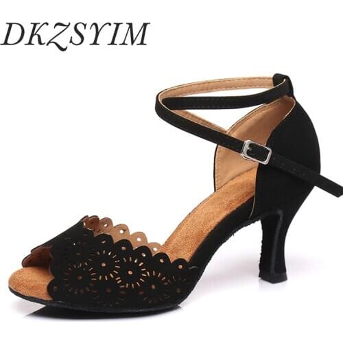 DKZSYIM Black Latin Dance Shoes Satin Cut-Outs Ladies/Girls High Quality Ballroom Dancing Sandals High Heels 6-10CM Lace Ankles