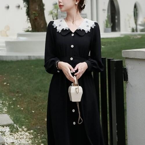 Embroidery Patchwork Long Dresses Vintage Hepburn Long Sleeve Dress Autumn Korean Elegant Slim Designer Black Dress Women 2021
