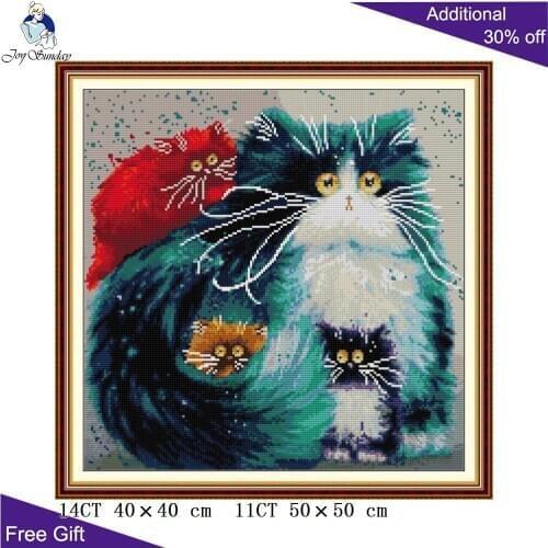 Joy Sunday Colorful Cat DA484 14CT 11CT Counted and Stamped Red Blue Yellow Purple Cats Home Decor Embroidery Cross Stitch kits