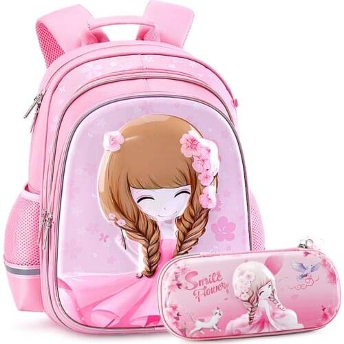 3D Flower Girl Peach Blossom Princess School Bag With Pencil Case Set For Girls Kids Children Primary School Book Backpack Bag
