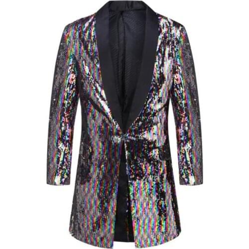 Mens sequins suits blazer nightclub bar host long jackets color windbreaker double-sided colorful cool singer costume