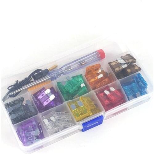 100Pcs car auto Blade Fuse Kit 2A 3A 5A 7.5A 10A 15A 20A 25A 30A 35A with Electrical Tester Electroprobe Slotted Screwdriver