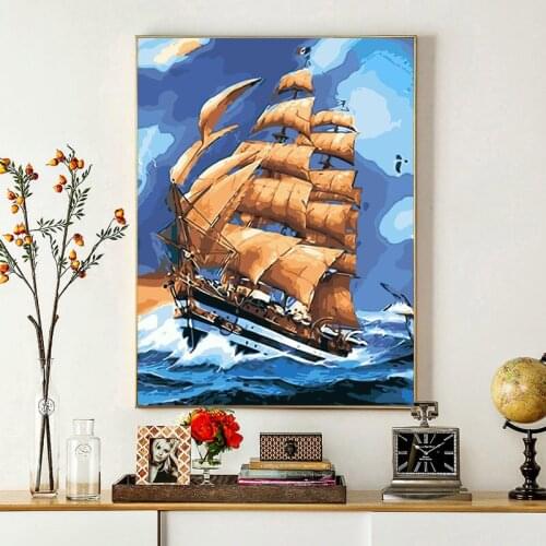 ROYALDREAM Sailboat Landscape DIY Painting By Numbers Kit Paint On Canvas Painting Calligraphy For Home Decor