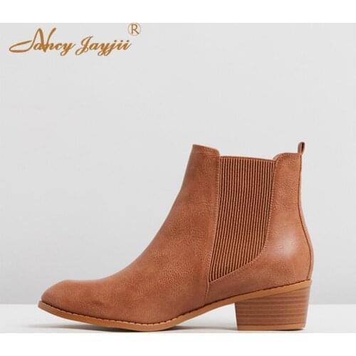 Spring Autumn Women Ankle Cut Out Boots Slip-On Med High Heels Round Toe Woman Shoes Large Size 11 15 For Ladies Shoes Dress