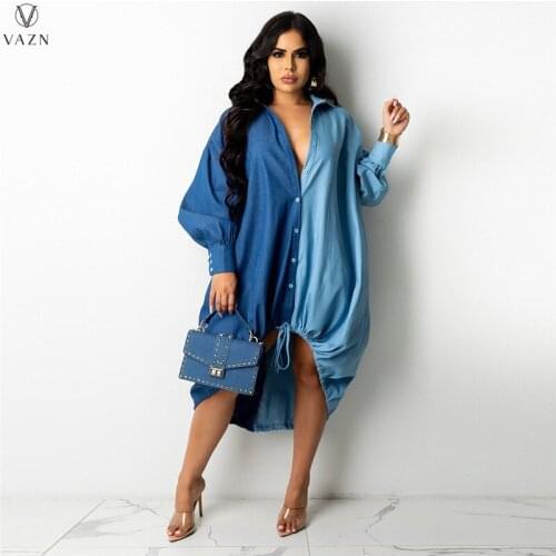 VAZN New 2021 Ladies Fashion Casual Style Short Dress Long Sleeve Lapel Single Breasted Stitching Color Mini Short Shirt Dress