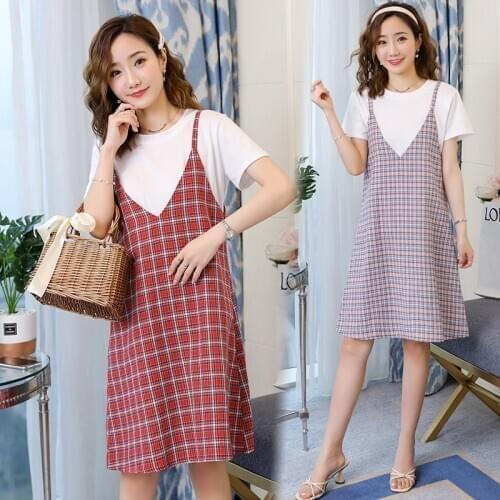 Maternity dress summer dress with cotton plaid condole dress + short-sleeved T-shirt two-piece suit
