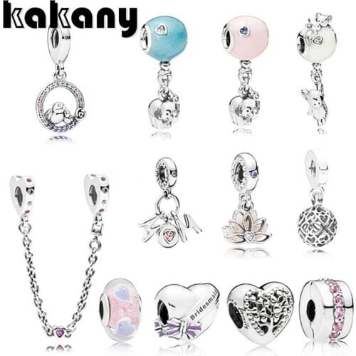 KAKANY 100% 925 Silver Authentic Charm Mothers Day Hot Air Balloon Elephant Beaded Lotus Bird Pendant Safety Clip Safety Chain