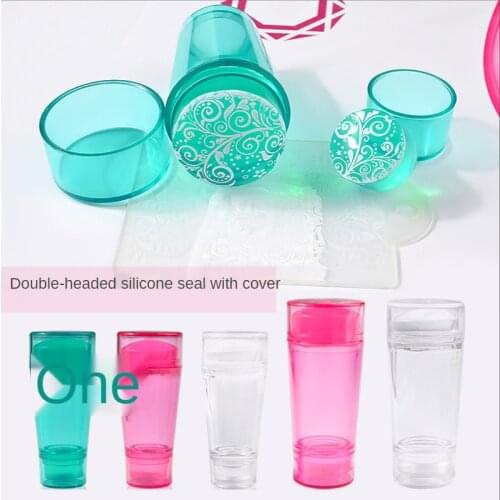 Nail Art Silicone Seal, Transparent Double Head with Cover, Non-stick Ash, Nail Polish Transfer Pattern Full Set of Template