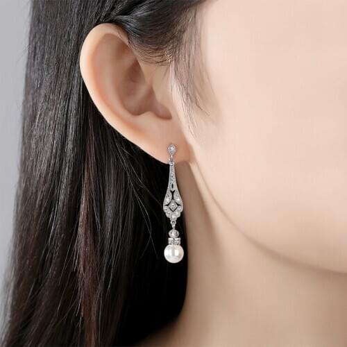 SLBRIDAL Pave Setting Fashion CZ Crystal Pearl Women Girls Earring AAA Grade Cubic Zircon Earring Bridal Wedding Dangle Earring